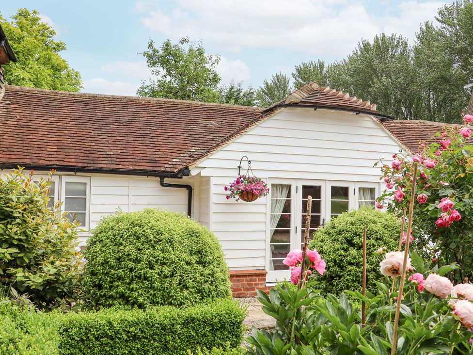 Oast Cottage framed by pink roses, cottage flowers and green garden hedges in Kent